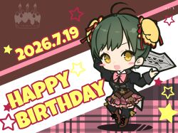  1girl :d absurdres antenna_hair arm_up artist_name assault_lily belt belt_buckle birthday_cake black_jacket black_thighhighs blush_stickers boots bow bowtie brown_background brown_belt brown_boots brown_skirt buckle bun_cover cake chibi chibi_only commentary corset dated double_bun food full_body green_hair hair_bun hand_up happy_birthday heel_up highres holding holding_behind_back holding_sword holding_sword_behind_back holding_weapon holding_weapon_behind_back hotaru_(ultraroly_poly) jacket juliet_sleeves knee_boots lace-up_boots li_christina_susu long_sleeves ludvico_private_girls'_academy_school_uniform miniskirt multiple_belts open_mouth pink_bow pink_bowtie plaid_background plaid_clothes plaid_skirt puffy_sleeves school_uniform skirt smile solo standing star_(symbol) sword thigh-highs two-tone_background v-shaped_eyebrows weapon white_background yellow_eyes 