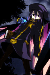  1girl armor black_pantyhose book coat covered_mouth hair_between_eyes hat holding holding_book kurokawa_(silve) long_hair looking_at_viewer outdoors pantyhose pauldrons purple_coat purple_hair purple_hat sekaiju_no_meikyuu sekaiju_no_meikyuu_3 shoulder_armor single_pauldron solo star_(symbol) violet_eyes zodiac_(sekaiju) zodiac_2_(sekaiju) 