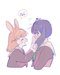  2girls :d ^_^ animal_ears blush brown_dress cerise_bouquet closed_eyes colored_speech_bubble commentary dress flustered flying_sweatdrops green_neckerchief hair_ornament hasu_no_sora_school_uniform heart hinoshita_kaho holding_ears kemonomimi_mode long_sleeves lop_rabbit_ears love_live! love_live!_hasu_no_sora_jogakuin_school_idol_club medium_hair multiple_girls neckerchief open_mouth otomune_kozue pipi_(m1x_mix) purple_hair rabbit_ears rabbit_girl rabbit_hair_ornament red_neckerchief sailor_collar sailor_dress school_uniform simple_background smile speech_bubble spoken_heart sweatdrop thai_text translation_request two_side_up virtual_youtuber white_background white_sailor_collar winter_uniform 