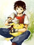  1boy baseball_cap black_hair boy hat headwear_removed nonomichi_(tegaki) pikachu pokemon pokemon_(creature) pokemon_(game) pokemon_rgby red_(pokemon) red_(pokemon)_(classic) sitting tegaki 