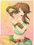  :d bare_shoulders bracelet brown_eyes brown_hair flower hands hitoto idolmaster idolmaster_cinderella_girls jewelry long_hair looking_at_viewer midriff navel open_hands open_mouth petals side_ponytail skirt smile solo takamori_aiko 