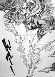  absurdres armor arrow_(projectile) breasts cape chronozbergh commentary dota_(series) dota_2 facial_tattoo flower hair_flower hair_ornament highres monochrome pauldrons shoulder_armor single_pauldron tattoo traditional_media wind windranger_(dota) 