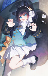  1girl :d ahoge animal_ear_fluff animal_ears asymmetrical_legwear bison_cangshu black_hair black_jacket black_shoes blue_eyes blue_shirt bow breasts claw_pose commentary_request cropped_jacket earmuffs fur-trimmed_jacket fur_trim harei_(virtuareal) heart heart_ahoge highres jacket loafers long_sleeves neon_lights nijisanji pleated_skirt shirt shoes single_sock single_thighhigh skirt small_breasts smile socks solo squirrel_ears squirrel_girl squirrel_tail standing standing_on_one_leg tail thigh-highs translation_request virtual_youtuber virtuareal white_bow white_skirt white_socks white_thighhighs 