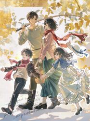  2boys 2girls age_comparison arm_around_another's_waist basket black_hair black_pants black_shoes blue_capelet blue_skirt breasts brown_hair brown_jacket capelet cardigan child closed_mouth couple dress eren_yeager fish fishing_rod full_body green_eyes hair_between_eyes hat hetero highres holding holding_basket holding_fishing_rod holding_hands jacket long_dress long_hair long_skirt looking_at_another looking_at_viewer medium_breasts midriff_peek mikasa_ackerman multiple_boys multiple_girls open_mouth pants parted_bangs pink_cardigan red_scarf running scarf shingeki_no_kyojin shirt shoes short_hair skirt smile socks sun_hat twitter_username unworn_hat unworn_headwear walking white_dress white_hat white_shirt white_socks yabi_oblivion 