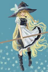  1girl :3 :d absurdres apron black_boots black_skirt black_vest blonde_hair blue_background boots braid broom commentary floating_hair frills full_body hair_between_eyes hat hat_ribbon highres holding holding_broom kirisame_marisa long_hair looking_at_viewer omaega_chan open_mouth ribbon shirt short_sleeves side_braid skirt smile solo touhou very_long_hair vest white_shirt witch_hat yellow_eyes 
