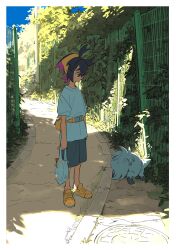  1boy absurdres bag bin_aham black_hair black_shorts blue_sky border bush closed_mouth crossed_bangs day fence hair_between_eyes hairband highres holding kieran_(pokemon) male_focus outdoors plastic_bag pokemon pokemon_(creature) pokemon_scarlet_and_violet poochyena purple_hair shirt shoes short_sleeves shorts sky standing white_border white_shirt yellow_bag yellow_eyes yellow_hairband yellow_shoes 