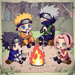  1girl 3boys bike_shorts black_eyes black_gloves black_hair black_jacket black_mask black_pants black_shoes black_shorts blonde_hair blue_eyes blue_shirt campfire chibi chibi_only child closed_eyes dress eating facial_mark fingerless_gloves flak_jacket food forest full_body gloves green_eyes green_vest grey_hair haruno_sakura hatake_kakashi headband_over_one_eye highres holding holding_food jacket jumpsuit konohagakure_shinobi_uniform konohagakure_symbol mask mature_male medium_hair mouth_mask multiple_boys naruto_(classic) naruto_(series) nature o000oxx onigiri open-toe_shoes orange_jumpsuit outdoors pants parted_bangs parted_lips pink_hair red_dress shirt shoes short_hair shorts sitting sleeveless sleeveless_dress smile spiky_hair team_7_(naruto) twintails uchiha_sasuke uzumaki_naruto vest whisker_markings white_pants 