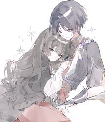  1boy 1girl absurdres arm_support armor bishounen black_cape black_kimono black_sash black_sleeves blunt_bangs blunt_ends bodysuit cape character_request cheese_oho closed_mouth commission crying crying_with_eyes_open eyeliner floral_print_cape furisode genshin_impact girl_on_top gold gold_trim grey_bodysuit grey_hair grey_sleeves hetero highres japanese_armor japanese_clothes jewelry juban kimono kote kurokote layered_sleeves long_hair long_sleeves looking_at_another looking_at_viewer lying_on_person makeup mandarin_collar neck_ring oc_x_canon original parted_lips playing_with_another's_hair purple_rope purple_sash red_eyeliner red_kimono red_skirt rope sash scaramouche_(genshin_impact) second-party_source shimenawa skirt sparkle swept_bangs tassel tearing_up tears tsurime violet_eyes wavy_hair white_background white_kimono white_rope white_sleeves wispy_bangs 