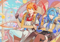  1boy 1girl absurdres ahoge balloon blue_eyes blue_hair blue_sky carnival carousel chinese_commentary clenched_hand clouds cloudy_sky couple curly_hair day eula_(genshin_impact) genshin_impact gloves hair_between_eyes hair_ornament headband highres mask mask_on_head necktie open_mouth orange_hair outdoors pants red_scarf roller_coaster scarf sitting sky suit tartaglia_(genshin_impact) upper_body violet_eyes vision_(genshin_impact) wavy_hair zhuangshanlof 