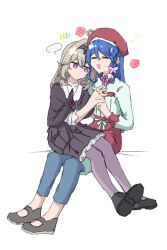  2girls antenna_hair black_capelet black_dress black_ribbon black_shoes blue_hair blue_pants blue_shirt blush blush_stickers braid buttons capelet closed_mouth collared_shirt commentary_request crossed_bangs double-breasted double-parted_bangs dress fealin0000 flower grey_hair hair_ornament happy_aura hat howa_kurea interlocked_fingers invisible_chair key mary_janes meitantei_precure! moria_luluka multiple_girls open_mouth pants pantyhose precure purple_pantyhose red_flower red_hat red_pants ribbon sanpaku shirt shoe_soles shoes simple_background single_braid single_braided_sidelock sitting sitting_on_person sitting_sideways smile spoken_blush three-quarter_sleeves white_background yuri 
