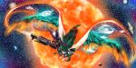  alternate_hair_color alternate_weapon arm_cannon bird_wings bow cape eyeball eyelashes flying galaxy green_hair hair_bow highres kagu_(a_hazy_moon) kagu_(pixiv3538617) long_hair looking_at_viewer open_hand outstretched_arms parted_lips planet radiation_symbol red_eyes reiuji_utsuho saturn solo space sun third_eye touhou very_long_hair weapon wings 