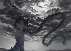  1boy animal_ear_fluff bifuteki_(bi_futeki) black_hair blue_scales braid braided_ponytail closed_eyes dragon_boy dragon_ears dragon_horns dragon_tail eastern_dragon_horns eastern_dragon_tail grey_background highres horns long_hair male_focus monster_boy original outdoors overcast scales sky solo tail upper_body very_long_hair wind 
