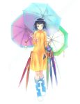  basket blue_eyes blue_hair bob_cut boots closed_umbrella flower highres holding hydrangea kurobuta_gekkan original raincoat rubber_boots short_hair smile solo teruterubouzu too_many_umbrellas umbrella 