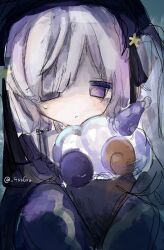  1girl 43sgz artist_name black_ribbon blue_dress blue_hairband bow dress dress_bow frilled_dress frilled_hairband frills gothic_lolita hair_over_one_eye hair_ribbon hairband highres holding holding_stuffed_toy lolita_fashion lolita_hairband long_hair long_sleeves looking_at_viewer mahou_shoujo_no_majo_saiban natsume_an-an one_eye_covered ribbon signature sleeves_past_fingers sleeves_past_wrists solo stuffed_animal stuffed_sheep stuffed_toy twitter_username upper_body violet_eyes white_hair wide_sleeves 