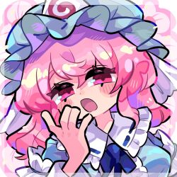  1girl blue_hat blue_kimono blush breasts frilled_kimono frills hair_between_eyes harunori_(hrnrx) hat highres japanese_clothes kimono large_breasts long_hair long_sleeves looking_at_viewer mob_cap open_mouth pink_eyes pink_hair ribbon-trimmed_collar ribbon_trim saigyouji_yuyuko sleeve_garter solo touhou triangular_headpiece upper_body yawning 