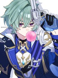  1boy aqua_eyes aqua_hair armor artist_name black_choker black_gloves blowing_bubble_gum blue_cape blue_coat blue_gloves blue_shirt cape chewing_gum choker coat collared_shirt commentary crossed_bangs earrings genshin_impact gloves gold_trim gun hair_between_eyes hair_intakes hand_up handgun highres holding holding_gun holding_weapon jewelry lapels lohen_(genshin_impact) long_sleeves looking_at_viewer male_focus mole mole_under_eye multicolored_eyes multicolored_gloves open_clothes open_coat pauldrons shirt short_hair shoulder_armor simple_background single_earring single_pauldron sleeve_cuffs solo susukeya tassel twitter_username two-tone_gloves untranslatable_commentary upper_body violet_eyes weapon white_background white_shirt wing_collar 