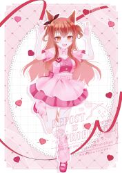  1girl :d absurdres animal_ears arrow_through_heart blush border bow breasts brown_ribbon clothing_cutout collared_shirt cropped_shirt ear_ribbon english_text full_body grid_background hair_between_eyes hands_up heart highres horse_ears horse_girl horse_tail layered_skirt long_hair looking_at_viewer loose_socks mayano_top_gun_(umamusume) medium_breasts meni_shuki_rush-sshu! mochimugiamu open_mouth orange_eyes orange_hair orange_tail outline pink_background pink_bow pink_shirt pink_shoes pink_skirt pink_socks ribbon shirt shoes shoulder_cutout skirt smile socks solo tail translation_request twitter_username two_side_up umamusume watermark white_border white_outline 