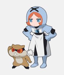  1girl blue_boots blue_eyes blue_gloves blue_hood blue_jacket boots clenched_hands closed_mouth full_body gloves hood hood_up hooded_jacket jacket leaning_forward orange_hair patrat pokemon pokemon_(creature) pokemon_black_and_white sakai_so2 short_hair standing team_plasma_grunt team_plasma_uniform white_background 