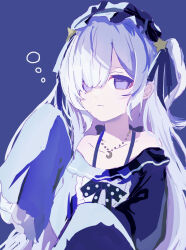  1girl bare_shoulders black_ribbon blue_background blue_dress blue_hairband bow closed_mouth collarbone crescent crescent_necklace dress dress_bow frilled_dress frilled_hairband frilled_sleeves frills gothic_lolita hair_over_one_eye hair_ribbon hairband highres jewelry lolita_fashion lolita_hairband long_hair long_sleeves looking_at_viewer mahou_shoujo_no_majo_saiban mochiyuka natsume_an-an necklace off-shoulder_dress off_shoulder polka_dot polka_dot_bow ribbon simple_background sleeves_past_fingers sleeves_past_wrists solo upper_body violet_eyes white_hair wide_sleeves 