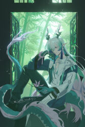 1boy absurdres arknights bamboo bead_bracelet beads bracelet chinese_commentary closed_mouth colored_extremities commentary_request dated dl_fengyu dragon_boy dragon_horns dragon_tail earrings eastern_dragon_horns eastern_dragon_tail full_body green_background green_hands green_pants green_streaks hair_between_eyes hand_on_own_cheek hand_on_own_face head_rest highres horns jacket jewelry light_particles long_hair long_sleeves male_focus multicolored_hair on_windowsill open_window pants pink_eyes pointy_ears signature sitting solo streaked_hair tail white_jacket window yi_(arknights) 