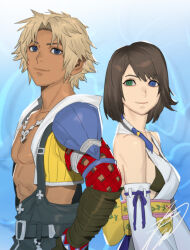  1boy 1girl armor back-to-back bare_shoulders beads black_bra black_overalls blonde_hair blue_eyes bra breasts brown_hair commentary_request cropped_jacket detached_sleeves final_fantasy final_fantasy_x green_eyes hair_beads hair_ornament hand_on_own_hip heterochromia highres hood hooded_jacket jacket japanese_clothes jewelry kobayashi_gen light_smile looking_at_viewer medium_breasts necklace no_shirt obi open_clothes open_jacket overalls pale_skin parted_bangs pectorals purple_skirt sash shirt short_hair shoulder_armor signature skirt sleeveless sleeveless_shirt tan tidus underwear upper_body white_shirt white_sleeves yellow_jacket yuna_(ff10) 