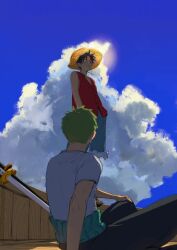  2boys 7nawon arm_support bare_shoulders black_hair black_pants blue_shorts clouds commentary_request cumulonimbus_cloud denim denim_shorts green_hair hand_in_pocket hand_on_own_knee haramaki hat katana male_focus monkey_d._luffy multiple_boys one_piece outdoors pants red_vest roronoa_zoro shirt short_hair short_sleeves shorts sitting sky standing straw_hat sun sword very_short_hair vest weapon white_shirt 