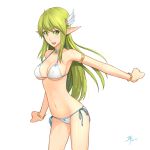  adam700403 bikini bracelet breasts cleavage elsword erect_nipples green_eyes green_hair head_wings jewelry looking_at_viewer navel necklace open_mouth pointy_ears rena_(elsword) shiny shiny_skin side-tie_bikini simple_background smile solo strap_gap swimsuit white_background 