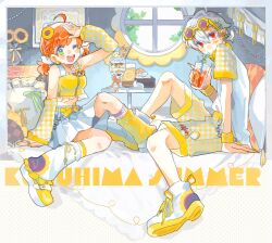  1boy 1girl :d ;d absurdres ahoge amyami_(vt_amami) bare_shoulders braid character_name collared_shirt commentary crazy_straw crop_top cup detached_sleeves drinking_straw drinking_straw_in_mouth eyewear_on_head flower food green_eyes grey_hair hair_flower hair_ornament hand_on_own_head heart_straw highres holding holding_cup honma_himawari indoors jewelry knee_up kuzuha_(nijisanji) leg_warmers looking_at_viewer midriff nail_polish navel nijisanji on_bed one_eye_closed orange_hair parfait pleated_skirt pointy_ears red_eyes ring shirt shoes short_hair short_sleeves shorts sitting skirt sleeveless sleeveless_shirt smile sneakers sunflower sunflower_hair_ornament sunglasses sweatband virtual_youtuber white_leg_warmers white_shirt white_skirt window yellow_nails yellow_shirt yellow_shoes yellow_shorts yellow_sleeves 