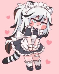  1girl animal_ears apron bandaid bandaid_on_leg black_dress black_hair black_shoes black_streaks black_tail blue_eyes blush chibi collared_shirt dress fewer_digits frilled_apron frilled_dress frills heart long_hair maid maid_apron maid_headdress multicolored_hair pink_background shirt shoes simple_background socks streaked_hair striped_tail tail taketyan0313 tig_(trickcal) tiger tiger_ears tiger_tail trickcal two-tone_hair white_apron white_hair white_socks white_tail white_tiger wrist_cuffs 