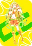  bad_id belt blonde_hair boots bracelet c.c._lemon c.c._lemon_(character) choker double_v goggles goggles_on_head gradient_hair green_eyes green_hair hanagerian highres jewelry midriff multicolored_hair navel original shorts solo twintails v wink yellow 