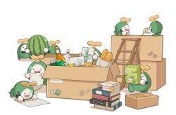  ._. assisted_holding baguette book book_stack bottle box bread can commentary drink drink_can english_commentary food fruit full_body gears green_ribbon heart highres holding holding_food holding_fruit holding_pen hololive hololive_english jhgardener ladder lemon lying multiple_others musical_note no_humans on_stomach open_box open_mouth otomo_(cecilia_immergreen) pen ribbon simple_background soda_can sticker tape watermelon white_background winding_key writing 