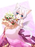  :d animal_ears bare_shoulders blue_eyes blush bouquet cat_ears cat_tail detached_sleeves flower highres holding kazane_chinya kimono open_mouth original smile solo tail white_hair wings 