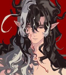  1boy absurdres arknights black_eyes black_hair body_markings body_writing chinese_commentary commentary_request dragon_boy dragon_horns earrings eastern_dragon_horns hair_between_eyes half-closed_eyes highres horns jewelry long_hair looking_down male_focus mu_gen_mu_gen multicolored_hair parted_lips pointy_ears red_background simple_background single_earring solo streaked_hair upper_body wang_(arknights) white_hair yellow_eyes 