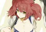  breasts brown_hair bust cleavage collarbone hair_bobbles hair_ornament highres large_breasts luv onozuka_komachi over_shoulder scythe shirt solo touhou twintails yellow_eyes 