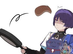  1boy ^^^ anemo_symbol_(genshin_impact) animal_print apron aqua_gem armor bags_under_eyes black_bodysuit black_bridal_gauntlets blue_cape blue_sleeves blunt_ends bodysuit bridal_gauntlets cape cat_print closed_mouth eyeliner flipping_food food frying_pan gem genshin_impact hand_up highres holding holding_frying_pan ituduki japanese_armor kote kurokote layered_sleeves looking_at_food makeup male_focus mandarin_collar pancake portrait purple_apron purple_rope red_eyeliner rope scaramouche_(cat)_(genshin_impact) scaramouche_(genshin_impact) shaded_face short_sleeves shoulder_peek side_cape solo sweatdrop twitter_username violet_eyes vision_(genshin_impact) wanderer_(genshin_impact) watermark white_background white_sleeves wide-eyed 