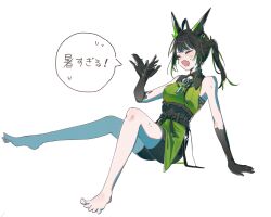  1girl ahoge alternate_hairstyle arknights bare_shoulders black_hair black_shorts blush breasts closed_eyes colored_extremities commentary_request dress fang fanning_self full_body green_dress green_streaks highres horns hot long_hair medium_breasts mon3tr_(arknights) multicolored_hair open_mouth ponytail shorts shorts_under_dress sitting skin_fang sleeveless sleeveless_dress solo speech_bubble streaked_hair sweat toes translation_request yomo_mochi3190 