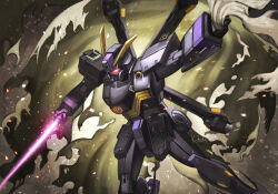  cape commentary_request crossbone_gundam crossbone_gundam_x-2 crossbone_vanguard emblem energy_sword glowing glowing_eyes gundam insignia kishida_kai mecha mecha_focus mobile_suit no_humans red_eyes robot roundel science_fiction sword torn_cape torn_clothes v-fin war weapon zero_gravity 