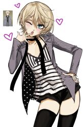  1boy absurdres alois_trancy bishounen black_scarf black_thighhighs blazer blonde_hair blue_eyes blush collarbone commentary contemporary english_commentary eyelashes girly_boy grey_jacket hair_between_eyes hand_on_own_hip head_tilt heart highres jacket kuroshitsuji making_of_kuroshitsuji_ii micro_shorts official_art_inset one_eye_closed open_mouth osugaki scarf short_hair shorts simple_background solo striped_tank_top tank_top thigh-highs trap tsurime white_background wormy_owo 