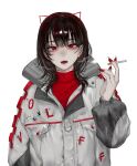  1girl absurdres animal_ears bangs black_hair blunt_bangs cat_ears cigarette earrings fingernails highres holding holding_cigarette jacket jewelry looking_at_viewer medium_hair open_mouth original puffy_sleeves red_eyes red_nails red_sweater sharp_fingernails shiny shiny_hair smoking solo star_(symbol) sweater upper_body volff white_background 