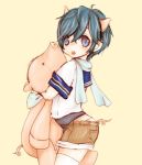  blue_eyes blue_hair cute kaito pig_ears pig_tail scarf shota stuffed_animal vocaloid 