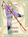  fujino_shizuru headset japanese_clothes kimono long_hair my-hime naginata polearm red_eyes sandals silver_rain weapon 