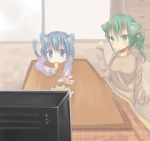  blue_eyes blue_hair blush cat_ears cat_tail chips eating fang food green_eyes green_hair hands highres kotatsu kouya_(ame-zaiku) original outstretched_arm outstretched_hand reaching sleeves_past_wrists sweater table tail television watching_television 
