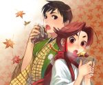  autumn eating eyebrows food hands japanese_clothes kimono leaf maple_leaf ponytail red_hair redhead scarf sweet_potato yam 
