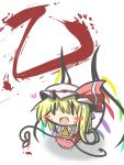  1girl ascot blonde_hair blood blush_stickers chibi fang flandre_scarlet gomasamune laevatein open_mouth side_ponytail smile solo touhou wings |_| 