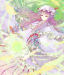  closed_eyes hair_bow hat highres long_hair magic paper patchouli_knowledge purple_hair ribbon robe smile striped touhou very_long_hair vetina violet_eyes 