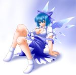  blue_eyes blue_hair bow breasts cirno cleavage hair_bow short_hair socks solo touhou wings 