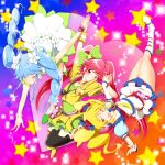  3girls absurdres aino_megumi alternate_form blonde_hair blue_eyes blue_hair boots bow cure_honey cure_lovely cure_princess flower grin hair_bow hair_flower hair_ornament happinesscharge_precure! highres holding_hands knee_boots lollipop_hip_hop long_hair macadamia_hula_dance magical_girl multicolored_background multiple_girls one_eye_closed oomori_yuuko pink_eyes pink_hair popcorn_cheer precure shirayuki_hime shirt skirt smile sparkle star starry_background thigh-highs twintails upside-down wink yellow_eyes yuto_(dialique) 