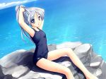  blue_eyes blue_hair character_request cloud clouds game_cg long_hair ocean one-piece_swimsuit school_swimsuit sitting sky solo swimsuit tangent 