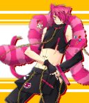  animal_ears badge bangs boa boris_airay cat_ears cat_tail catboy chain chains collar earrings fingerless_gloves gloves gun hair_over_one_eye hand_on_hip heart_no_kuni_no_alice highres hips jewelry male midriff outline pants pink_hair purple_hair short_hair short_pants sleeveless_shirt smile solo tail tattoo weapon yellow_eyes zipper 