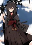  black_hair brown_eyes cloud clouds fuurin_(omaemona) japanese_clothes katana long_hair original sky smile solo sword weapon 